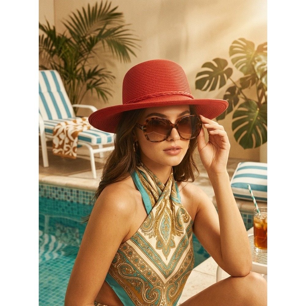 DP Hat Red Straw Sun Hat Wide Brim Paper Braid Summer Beach Hat One Size